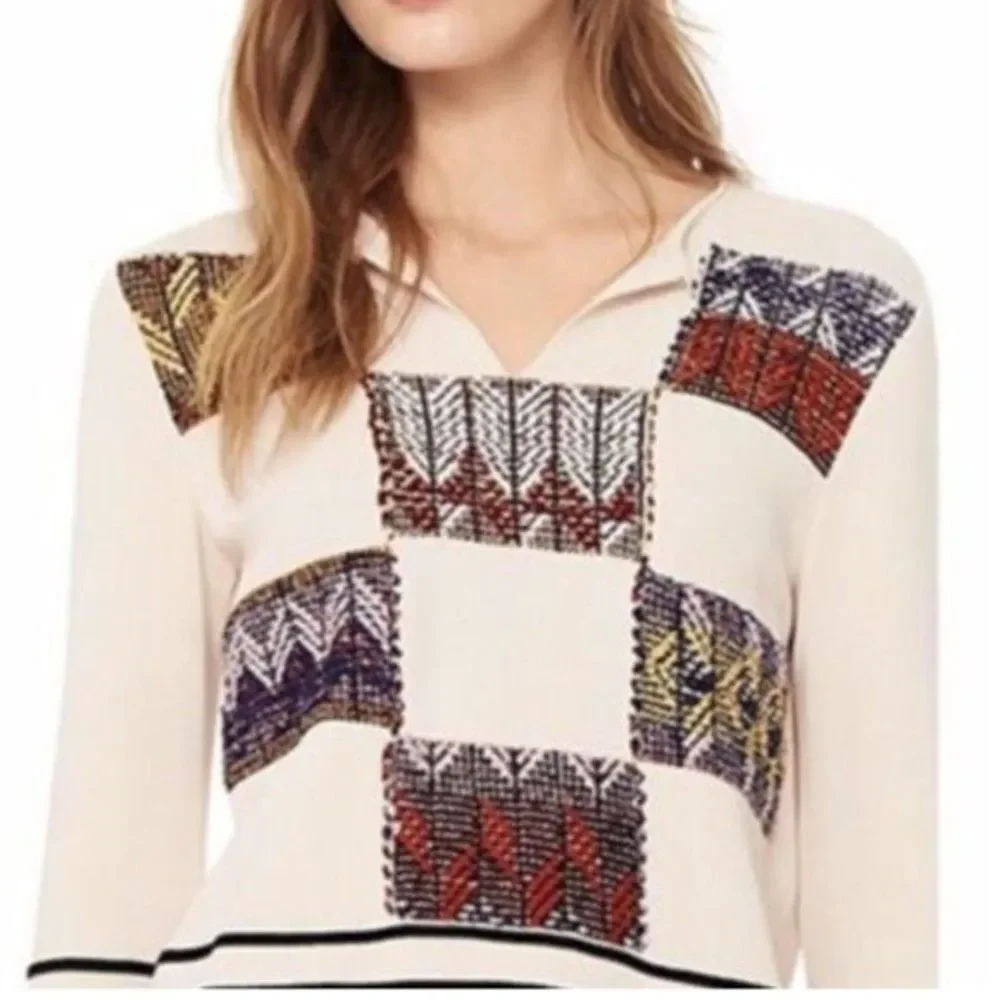 Tory Burch | Patchwork Embroidered Pueblo Basket Weave Sweater Sz M